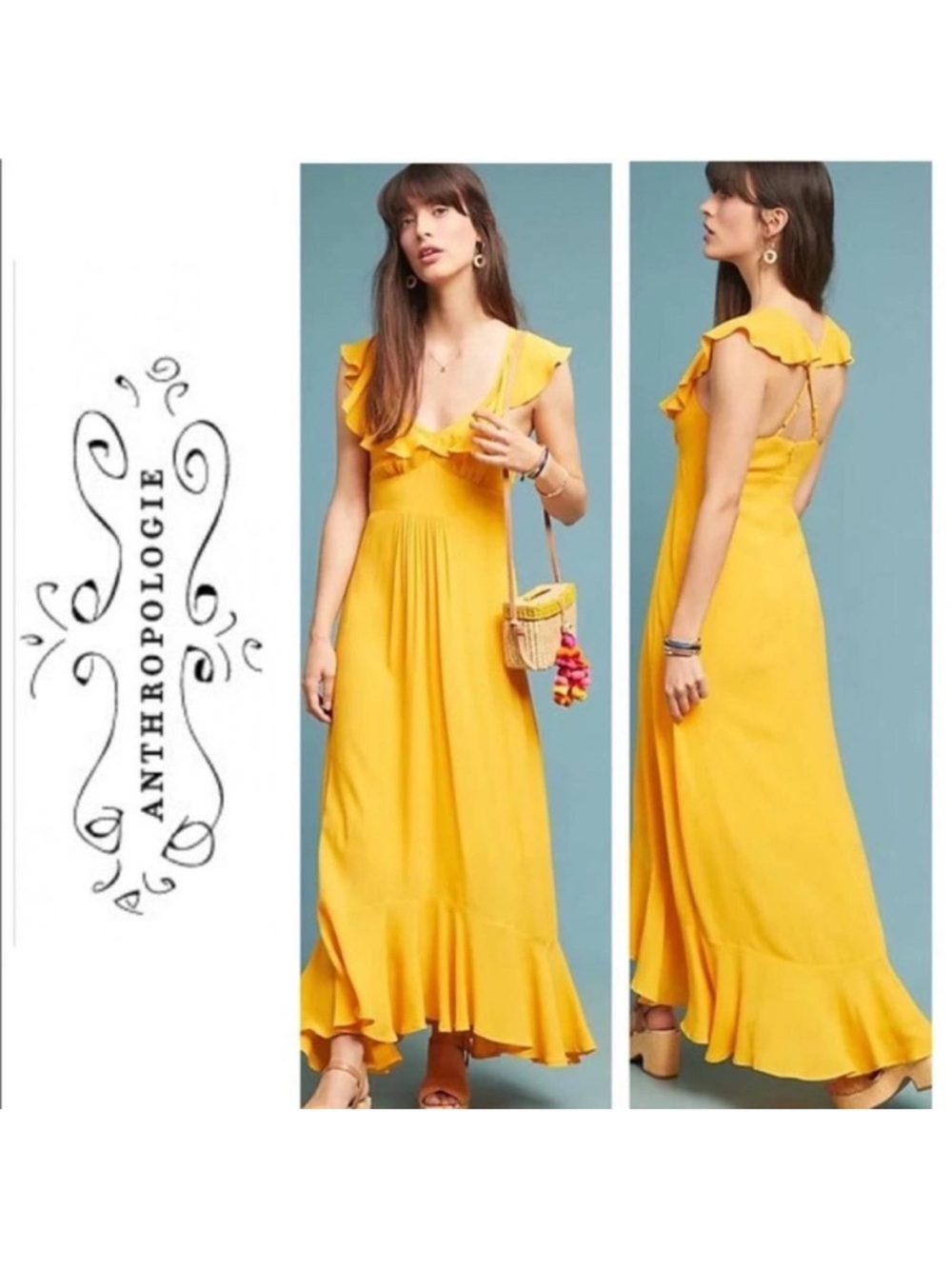 Anthropologie Larke Belle Ruffled Maxi Dress Size 6 Marigold New With Tags